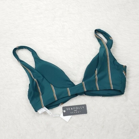 Seafolly Aralia Tie Front Bikini Top Green Stripe - Picture 6 of 7